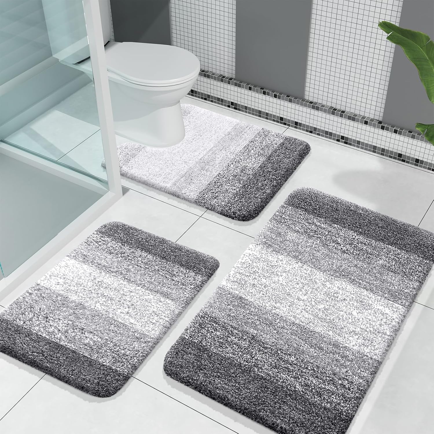 OLANLY Bathroom Rugs Sets 3 Piece, Soft Absorbent Microfiber Bath Mats and U-Shaped Contour Toilet Rug, Machine Wash Dry, Plush Shaggy Bath Mat Set for Bathroom (30"x20"+24"x16"+24"x20", Grey)
