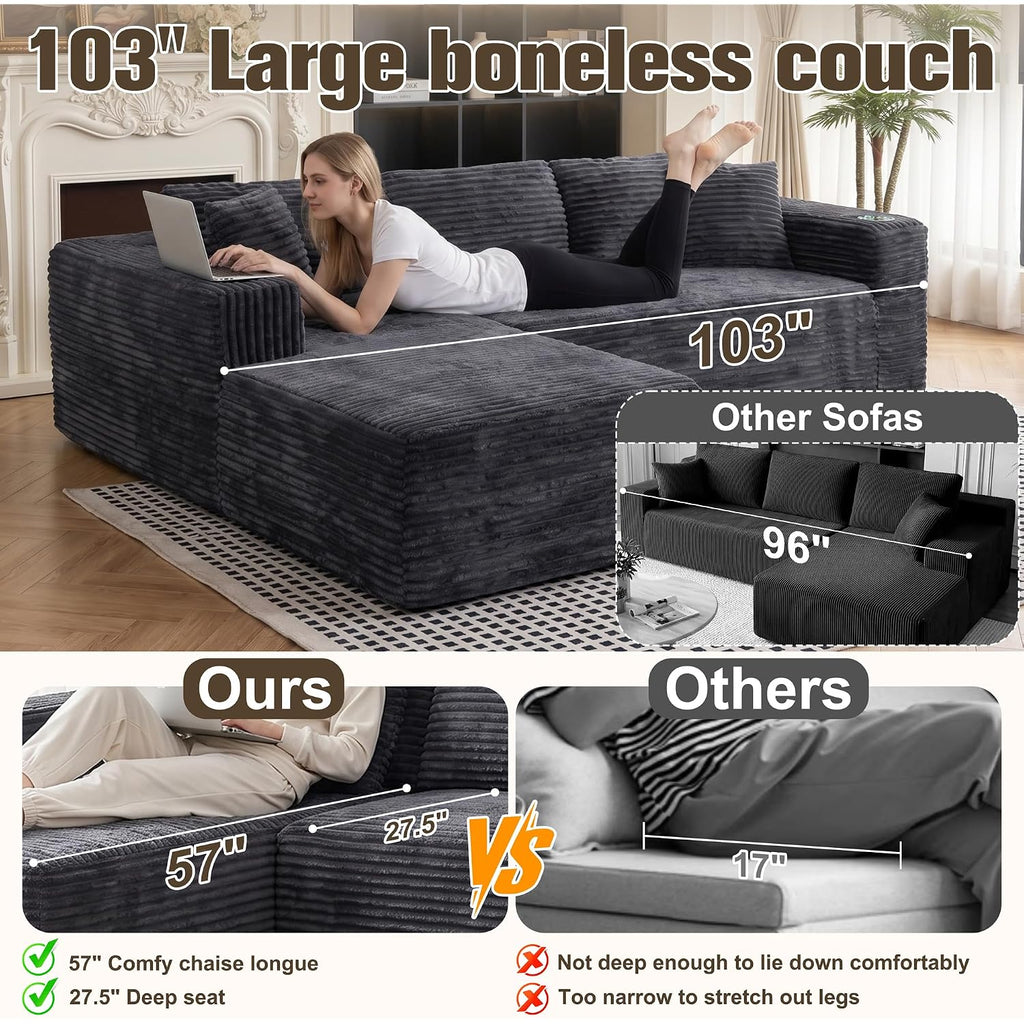 Shintenchi 103" Boneless Couches For Living Room With 2 Cup Holders,L Shaped Modular Sectional Sofa Set,No Assembly Needed Plush Corduroy Living Room Set,Dark Gray