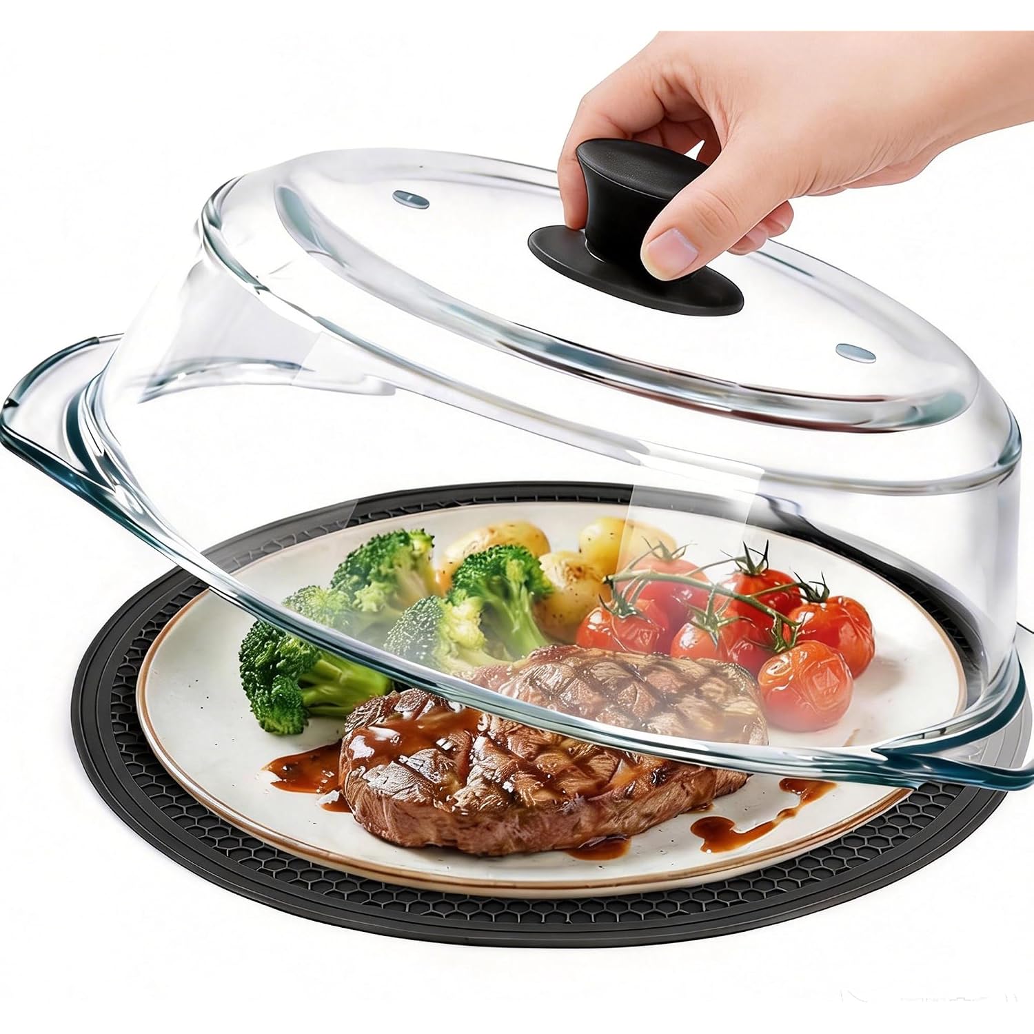 Glass Microwave Splatter Cover For Food With Microwave Place Mat - Sturdy Plate Guard Lid With Vent Holes And Easy-Grip Silicone Handle - Bpa Free, Dishwasher Safe (Black)