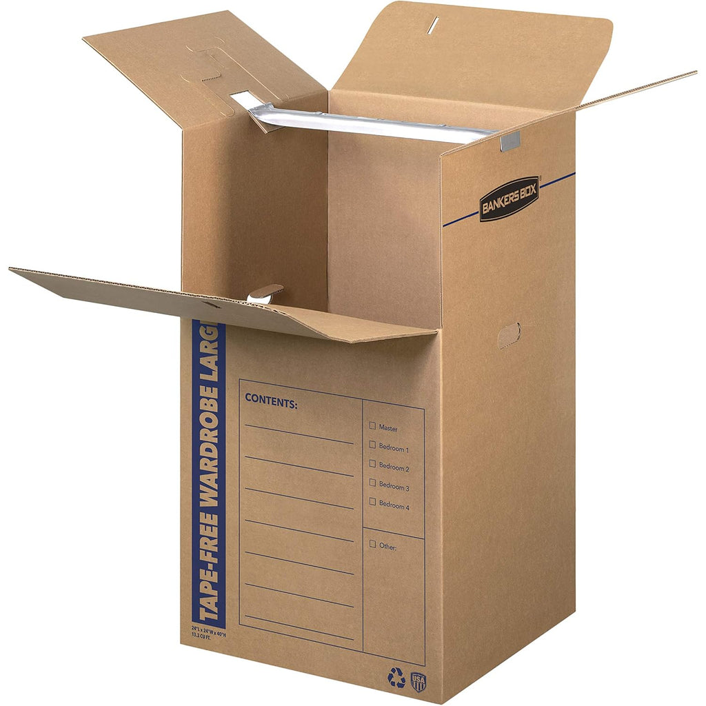 Bankers Box 3-Pack Tall Tape-Free Wardrobe Moving Boxes, 24" X 24" X 40" | Move Hanging Clothes From Closet To Truck With Wardrobe Boxes That Reduce Folding, Wrinkles, And Repacking.