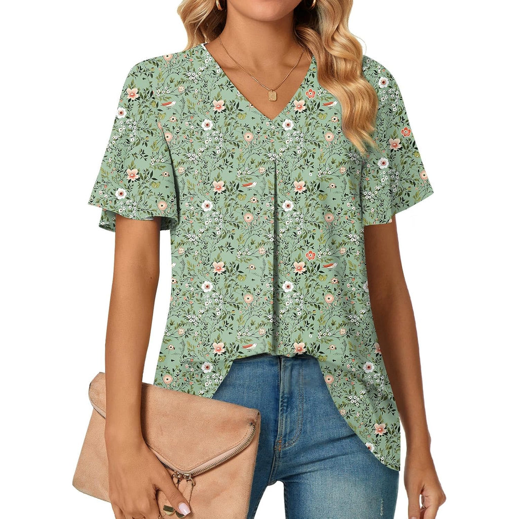 Anyally Women's Summer Dressy Chiffon Blouses V Neck Ruffle Short Sleeve Tunic Tops for Leggings Casual T-Shirts