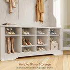 Itaar Hall Tree with Bench and Shoe Storage, 5-in-1 Entryway Bench with Coat Rack, 10 Shoe Cubbies & 9 Coat Hooks, Barn Door & Adjustable Shelf (Embossed White)