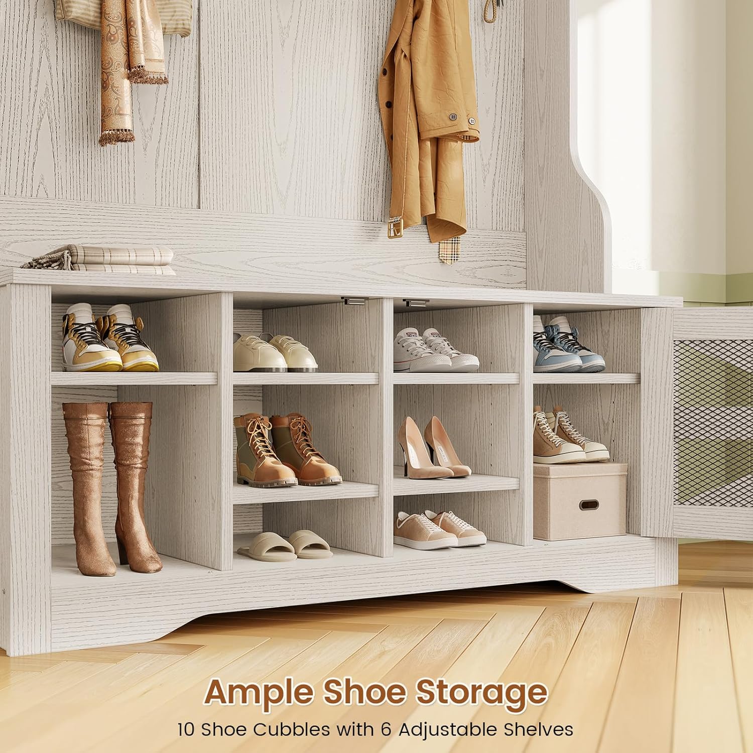 Itaar Hall Tree with Bench and Shoe Storage, 5-in-1 Entryway Bench with Coat Rack, 10 Shoe Cubbies & 9 Coat Hooks, Barn Door & Adjustable Shelf (Embossed White)