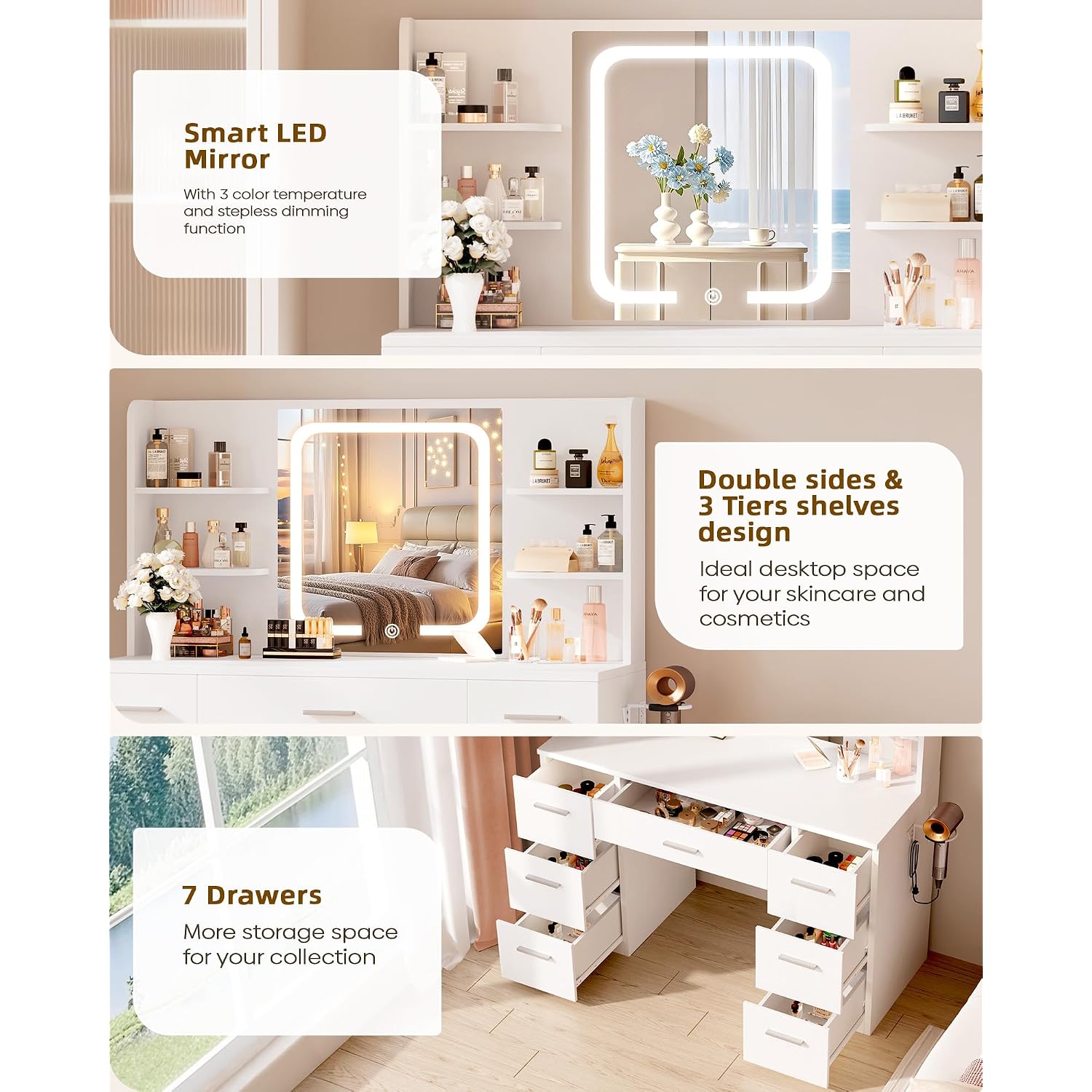 Livelyglow 43" Large White Makeup Vanity Desk With Charging Station | Smart Led Mirror, Hairdryer Holder, 7 Drawers, 4 Shelves