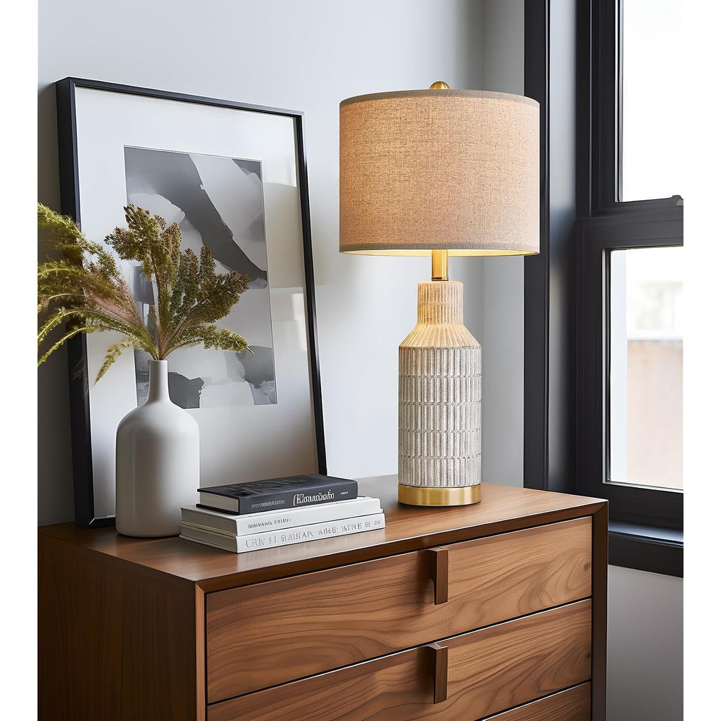 Usumkky 25" Table Lamps Set Of 2 - Modern Bedside Lamps For Living Room - White Washed Ceramic Nightstand Lamps For Bedroom