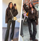 Womens Faux Suede Bomber Jacket Casual Lapel Pilot Cropped Coat Oversized Motorcycle Jackets 2025 Outerwear