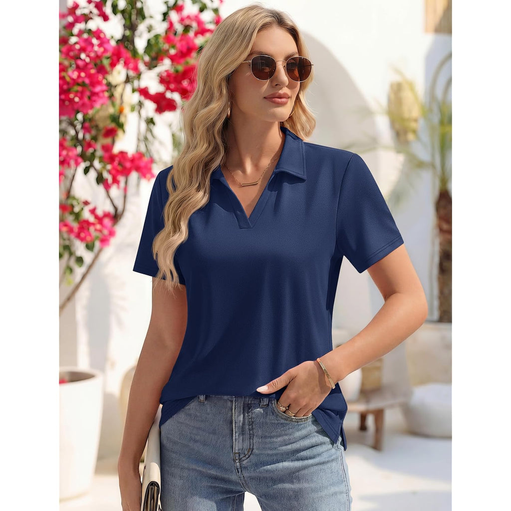 Women's Polo Shirts Short Sleeve V Neck Business Casual Tops Collared Cotton Golf Polos Work Summer Tees
