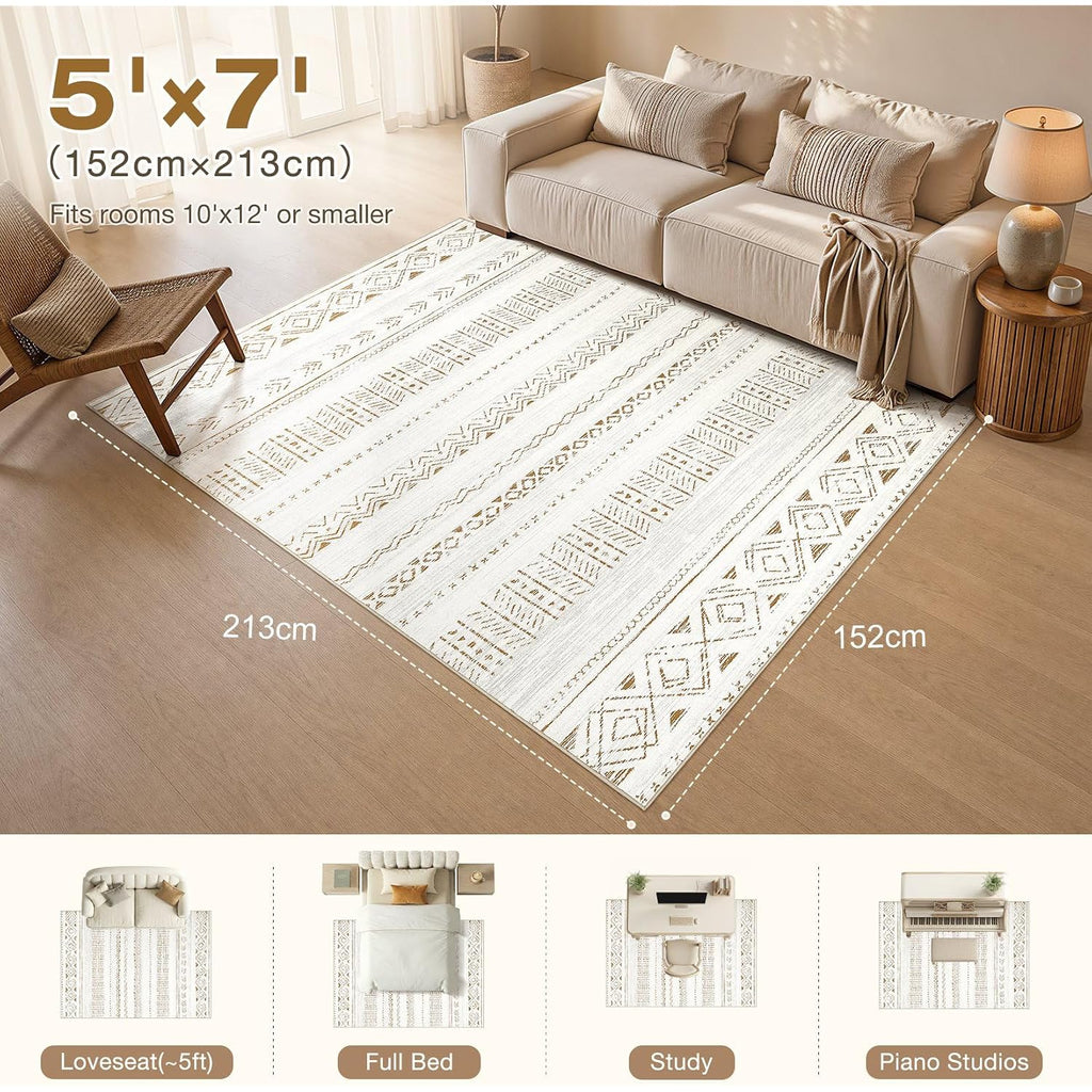 5X7 Area Rugs Living Room Rug: Washable Boho Rugs With Non Slip Backing Large Soft Indoor Stain Resistant Carpet For Bedroom Farmhouse Dining Room Lightweight Home Decor Brown/Cream