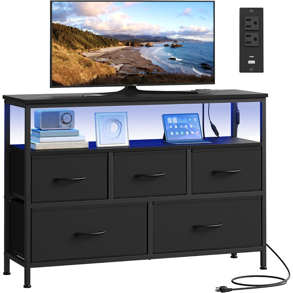 Songmics Bellah Collection - Dresser For Bedroom With App-Controlled Led Lights And Charging Station, Chest Of Drawers, Tv Stand, 5 Drawers, Shelf, Modern, Ink Black Ulgs723Bh02S