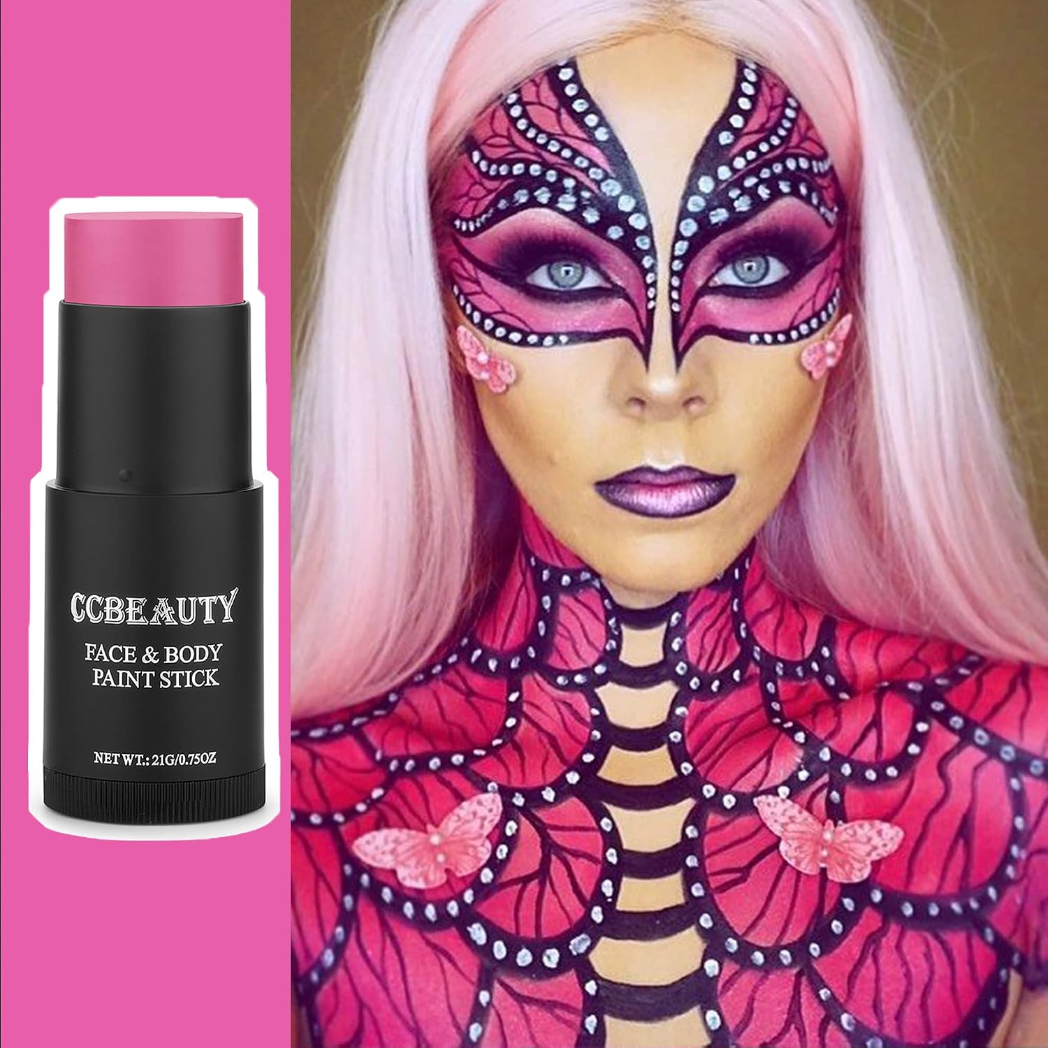 Ccbeauty Hot Pink Face Paint Stick, Face Painting Kit, Full Coverage Sfx Makeup Foundation, Professional Non-Toxic Body Paint For Halloween Costume Cosplay Party, For Barbie, Panther, Catrina Makeup