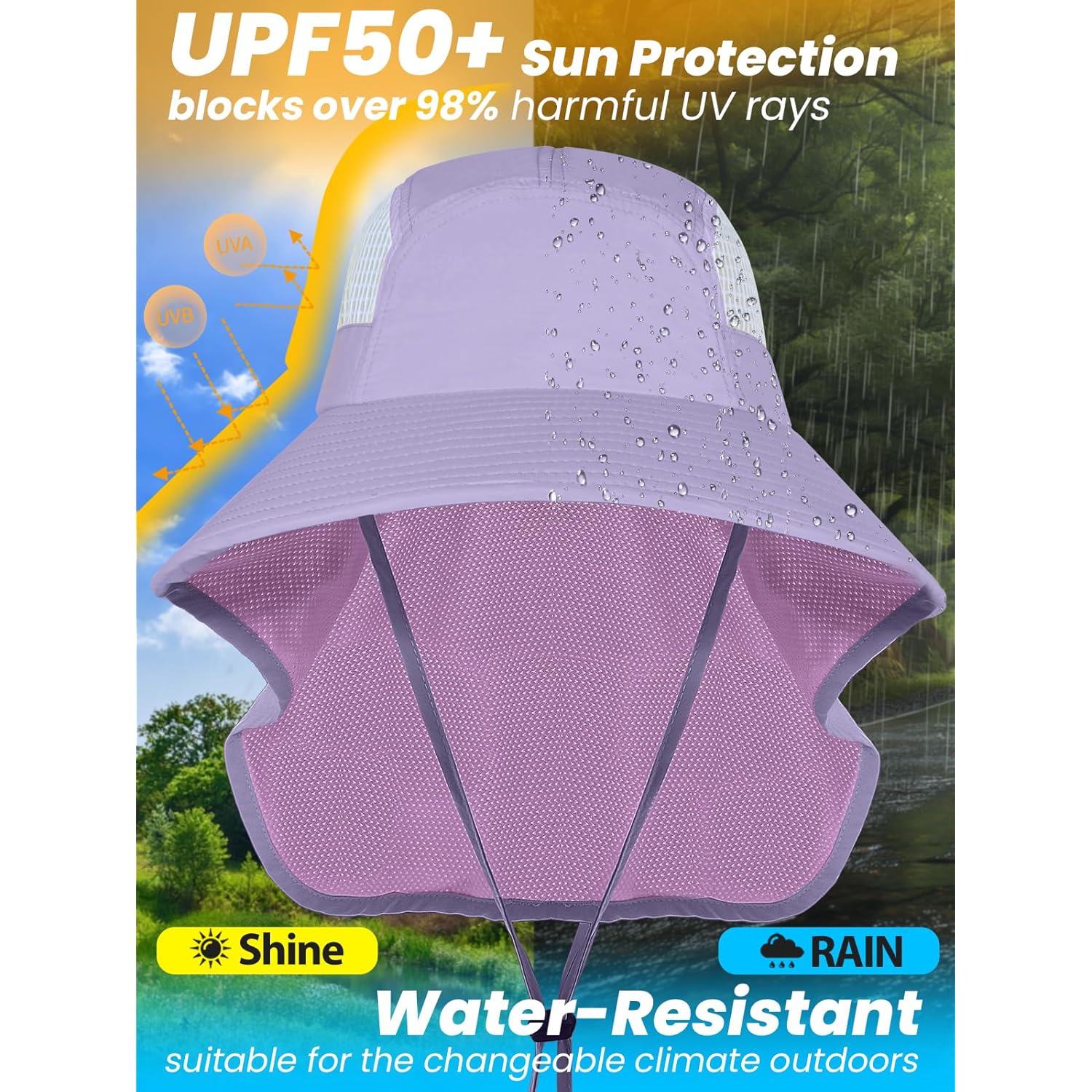 Sun Hats for Women UV Protection with Neck Flap Wide Brim Beach Hats with Ponytail Hole for Hiking Fishing Gardening Travel