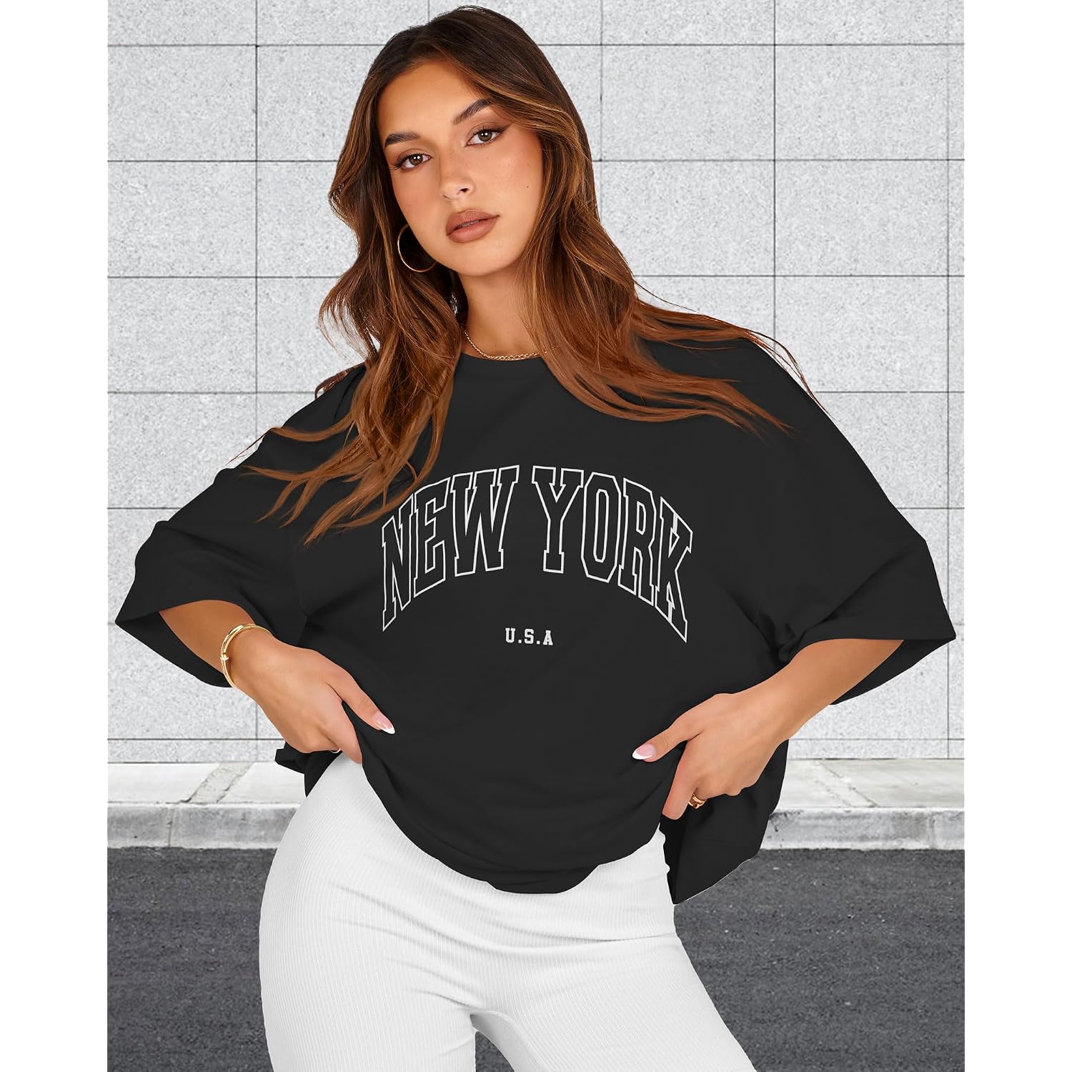 rosemia Oversized Tshirts for Women Summer Short Sleeve Round Neck Graphic Tee Shirt Black New York