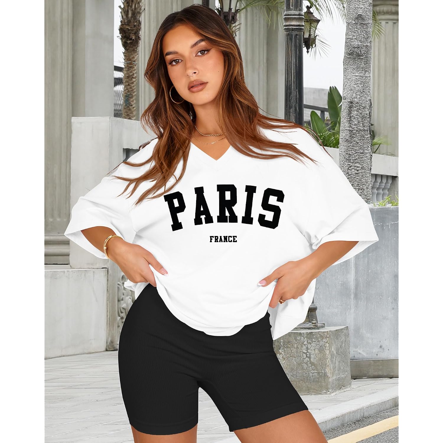 Oversized Tshirts for Women V Neck Short Sleeve Summer Casual Basic Loose Tops 2026 Aa-white Black Letters