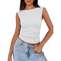 Tank Tops for Women 2026 Summer Going Out Crop Top Sleeveless Boat Neck Rib Tight Ruched Tee Shirts Vacation Clothes