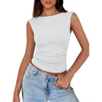 Tank Tops for Women 2026 Summer Going Out Crop Top Sleeveless Boat Neck Rib Tight Ruched Tee Shirts Vacation Clothes