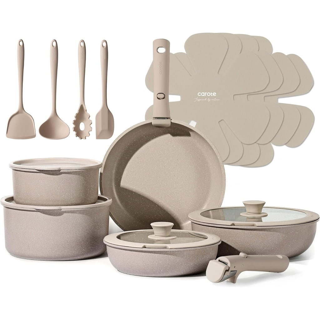 Carote 19Pcs Pots And Pans Set Non Stick, Nonstick Cookware Set Detachable Handle, Induction Kitchen Cooking Sets With Removable Handle, Rv Kitchen, Oven Safe, Taupe