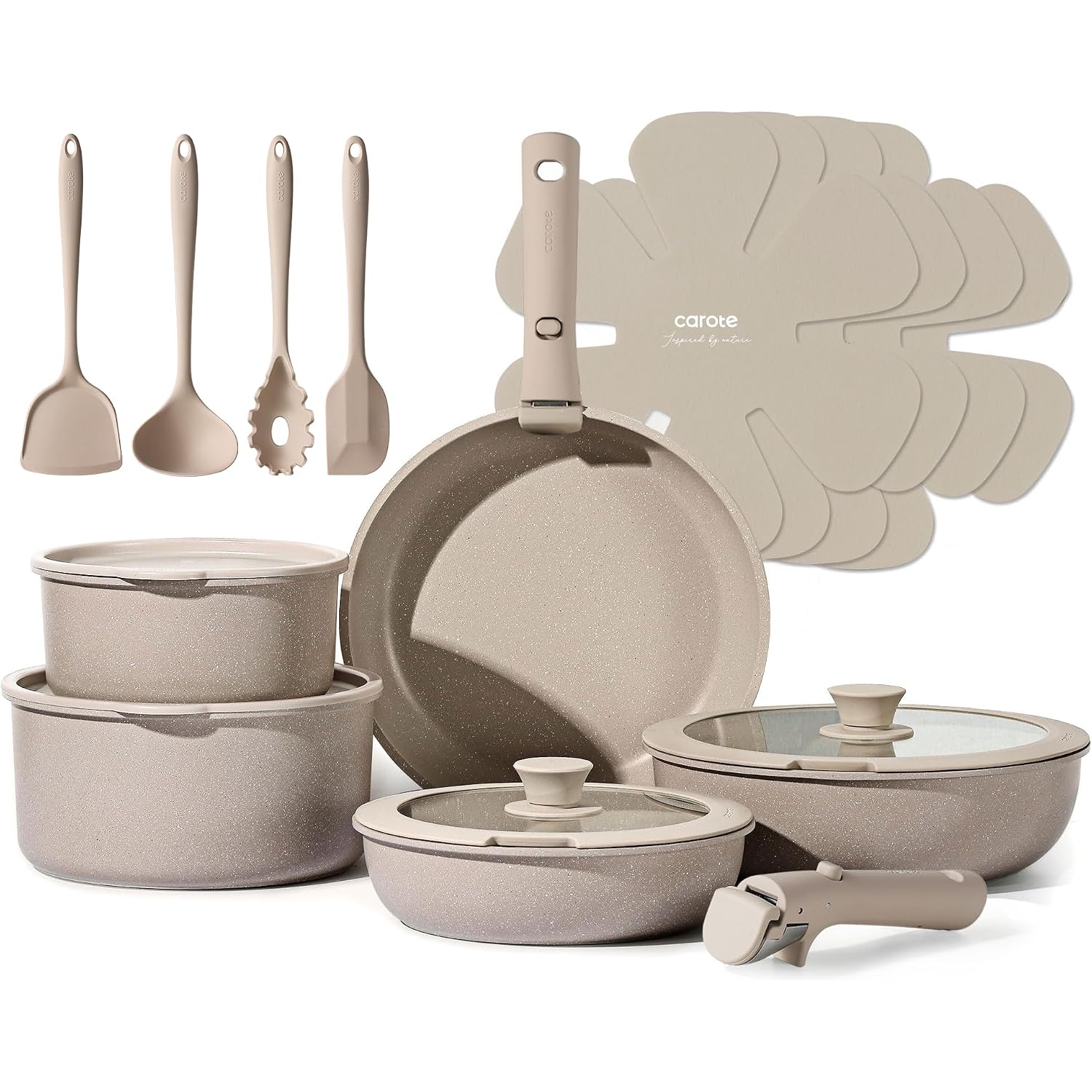Carote 19Pcs Pots And Pans Set Non Stick, Nonstick Cookware Set Detachable Handle, Induction Kitchen Cooking Sets With Removable Handle, Rv Kitchen, Oven Safe, Taupe