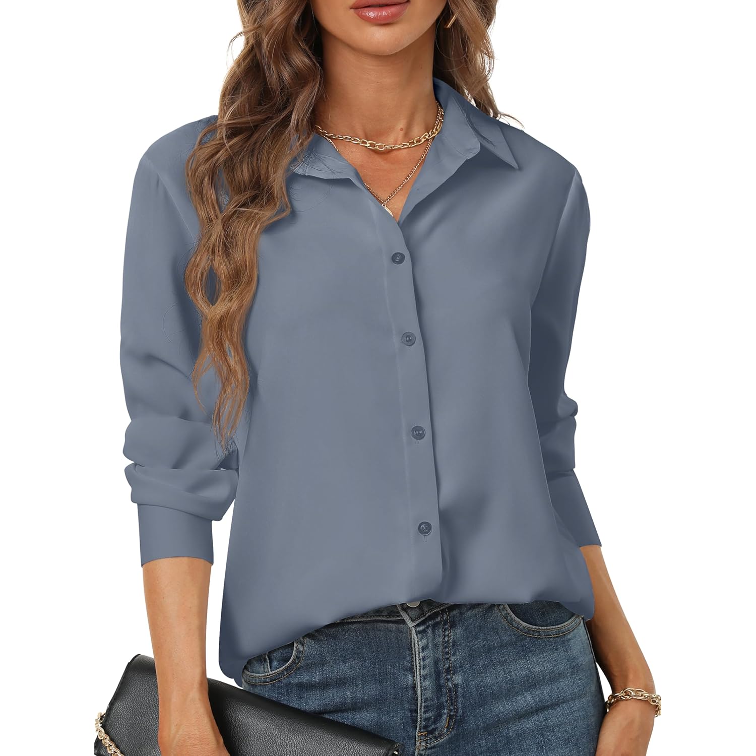Women's Button Down Shirts Long Sleeve Basic Classic Soft Shirt Collared Fashion Dressy Casual Blouses