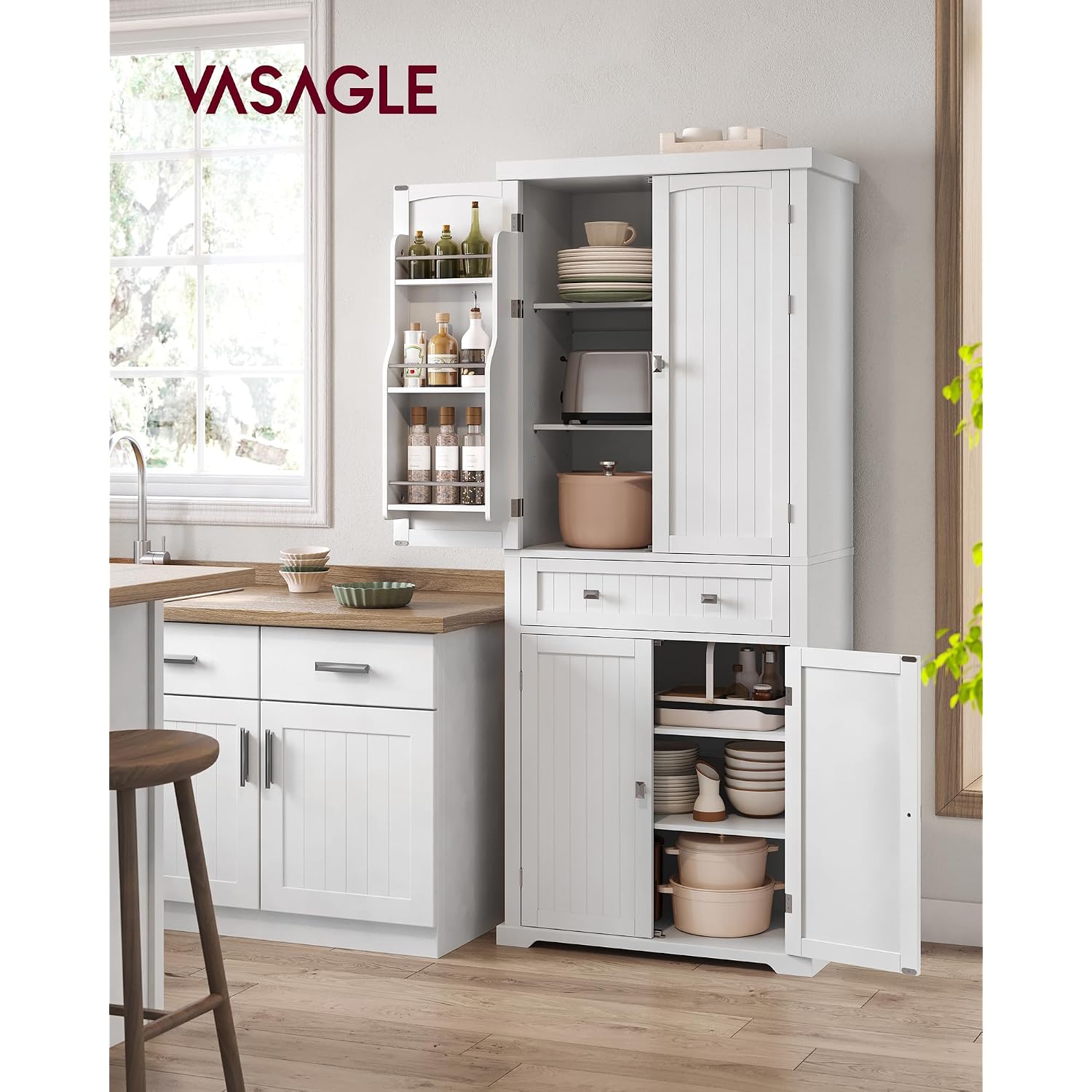 Vasagle Pantry Cabinet, Tall Storage Cabinet With Drawer, 71.7-Inch | Freestanding Cupboard With 2 Cabinets, 4 Adjustable Shelves, 6 Door Shelves, White, Ubbc561P31V2