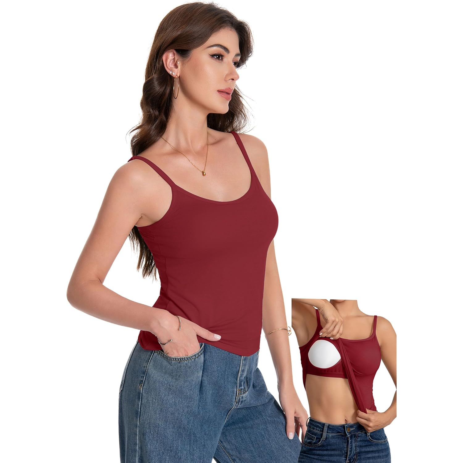 Women Camisole Tank Top - Built-in Bra Adjustable Spaghetti Strap Scoop Neck Padded Casual Basic Cami Shirt
