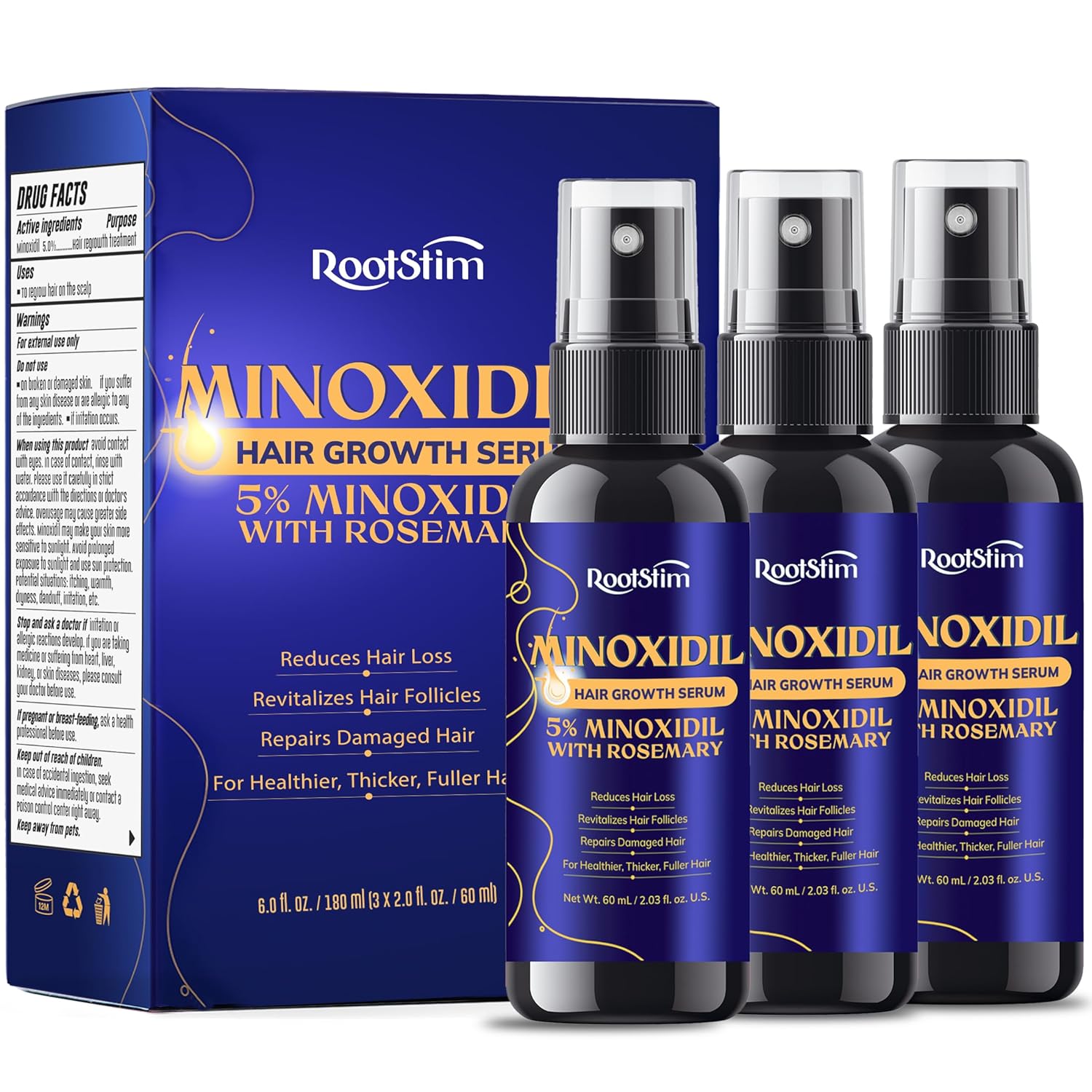 5% Minoxidil Hair Growth for Men and Women: 3-Pack RootStim Extra Strength Minoxidil Beard Regrowth Treatment with Rosemary for Thinning Hair Regrowth and Fuller Hair 180 ML