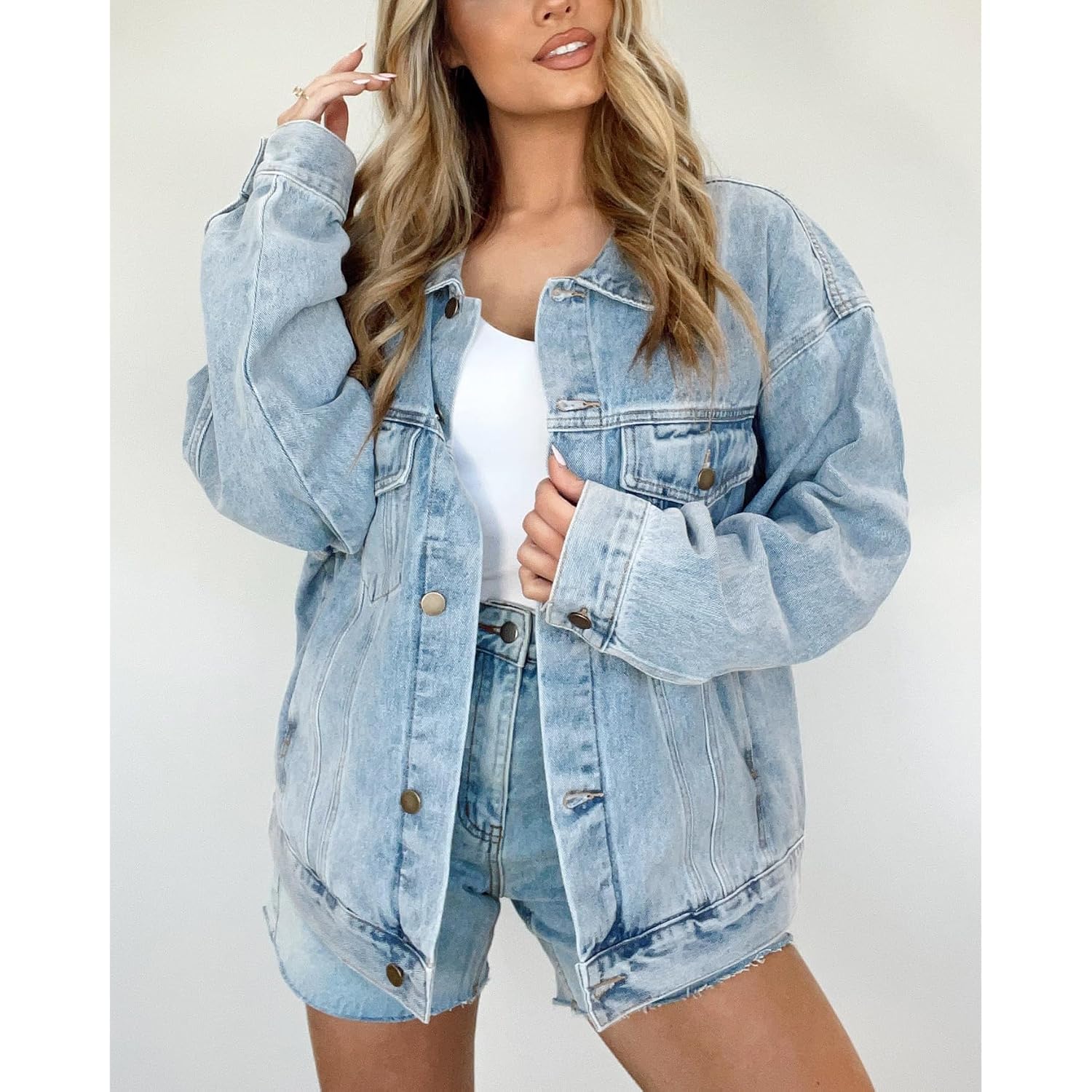 Women'S Oversized Jean Jacket Long Blue Denim Jacket Long Sleeve Button Down Trucker Jacket Shacket Fall Coats