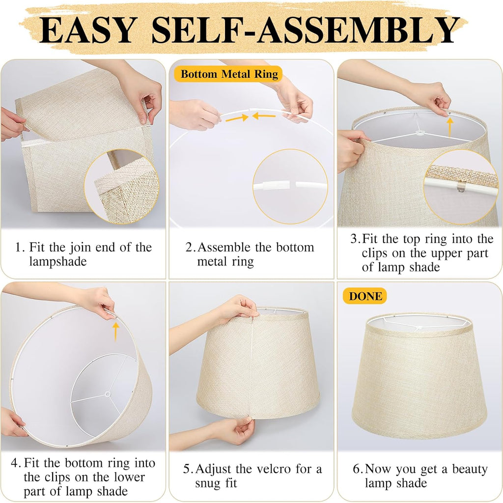 Drum Lamp Shades Set Of 2, 12"Top X 16"Bottom X 11"High, Champagne Beige | Large Drum Lampshades For Table Lamps, Floor Lamp Shade, E26 Base Harp Holders Included, Spider, Natural Linen, Easy Assembly