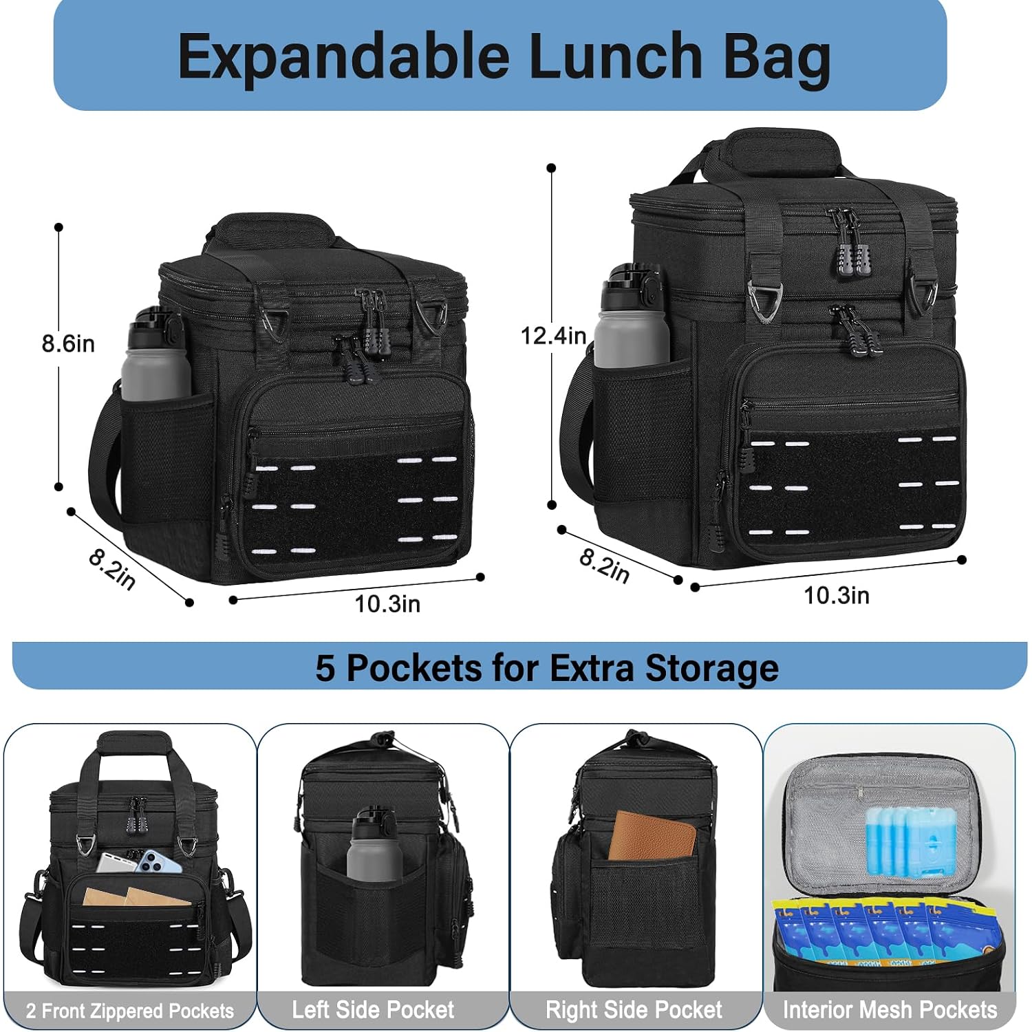 Lunch Box Cooler Bag - Tactical Insulated Lunchbox For Men - Large Soft Expandable Lunch Pail For Adults Work Outdoor Shifts Trips Black 16L