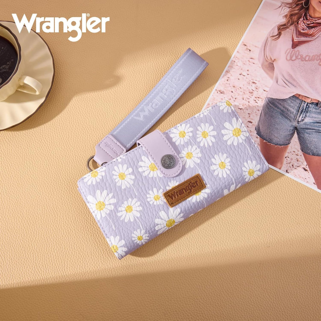 Montana West X Wrangler Wristlet Wallet Purple Daisy Floral Wallet, Card Cases & Money Organizers Large Capacity Bifold Wallets Ladies Female Travel Clutch Wallets with ID Window