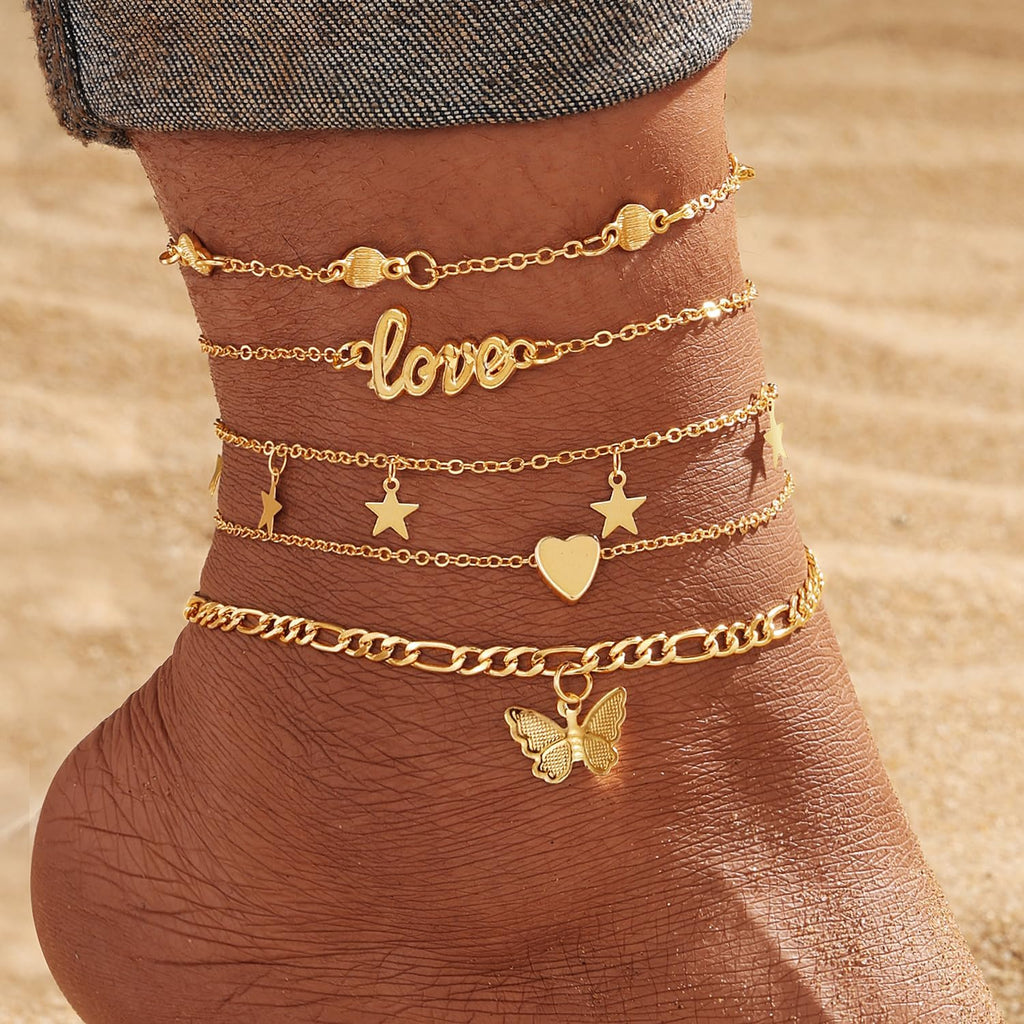 KISS WIFE Gold Anklets for Women, 14k Gold Plated Layered Cuban Figaro Link Chain Anklets Set, Dainty Waterproof Summer Beach Foot Jewelry (1)