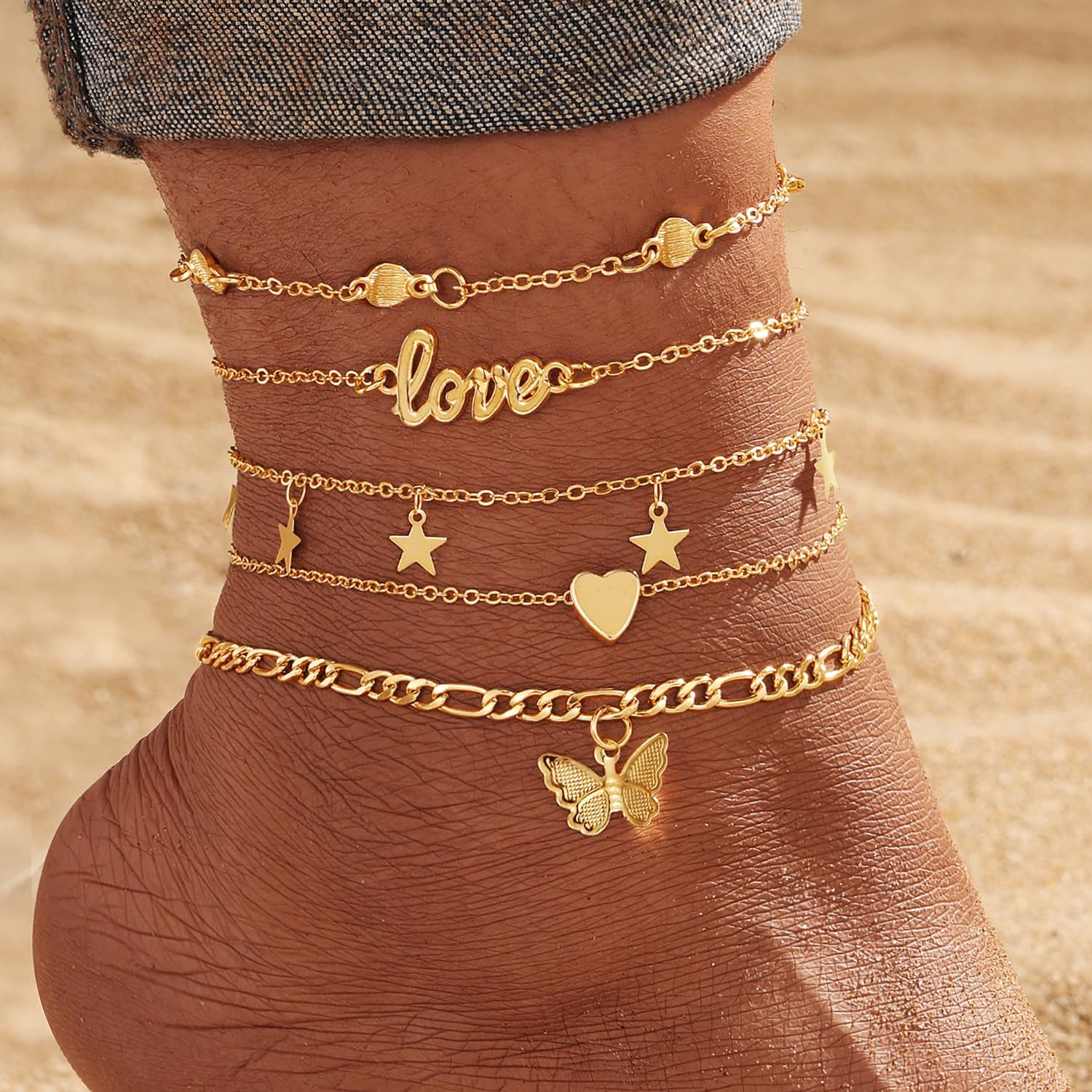 KISS WIFE Gold Anklets for Women, 14k Gold Plated Layered Cuban Figaro Link Chain Anklets Set, Dainty Waterproof Summer Beach Foot Jewelry (1)