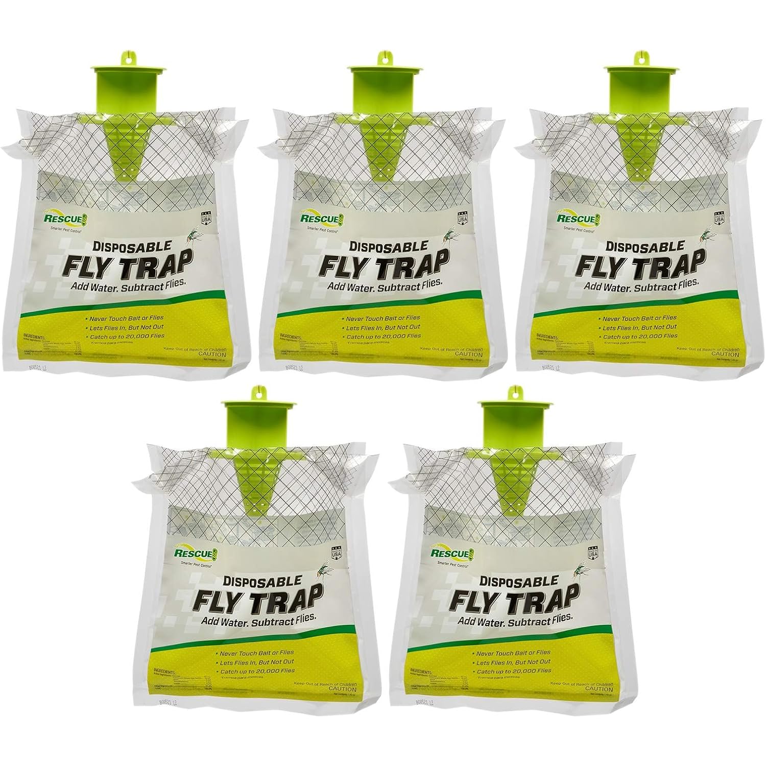 Rescue! Outdoor Disposable Fly Trap – Hanging Fly Catcher With Attractant Bait, Fly Bag For Patio, Yard, Trash & Farm Areas – Easy-To-Use Outdoor Fly Control - 5 Traps