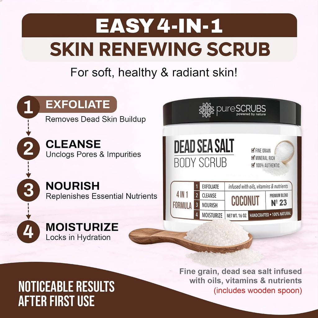 Premium Coconut Body Scrub Set, Exfoliating Dead Sea Salt Scrub | Ultra Skin Smoothing, Deeply Moisturizing Body Exfoliator, Shower Scrub For Rough, Dry Skin, Includes Loofah, Spoon & Soap