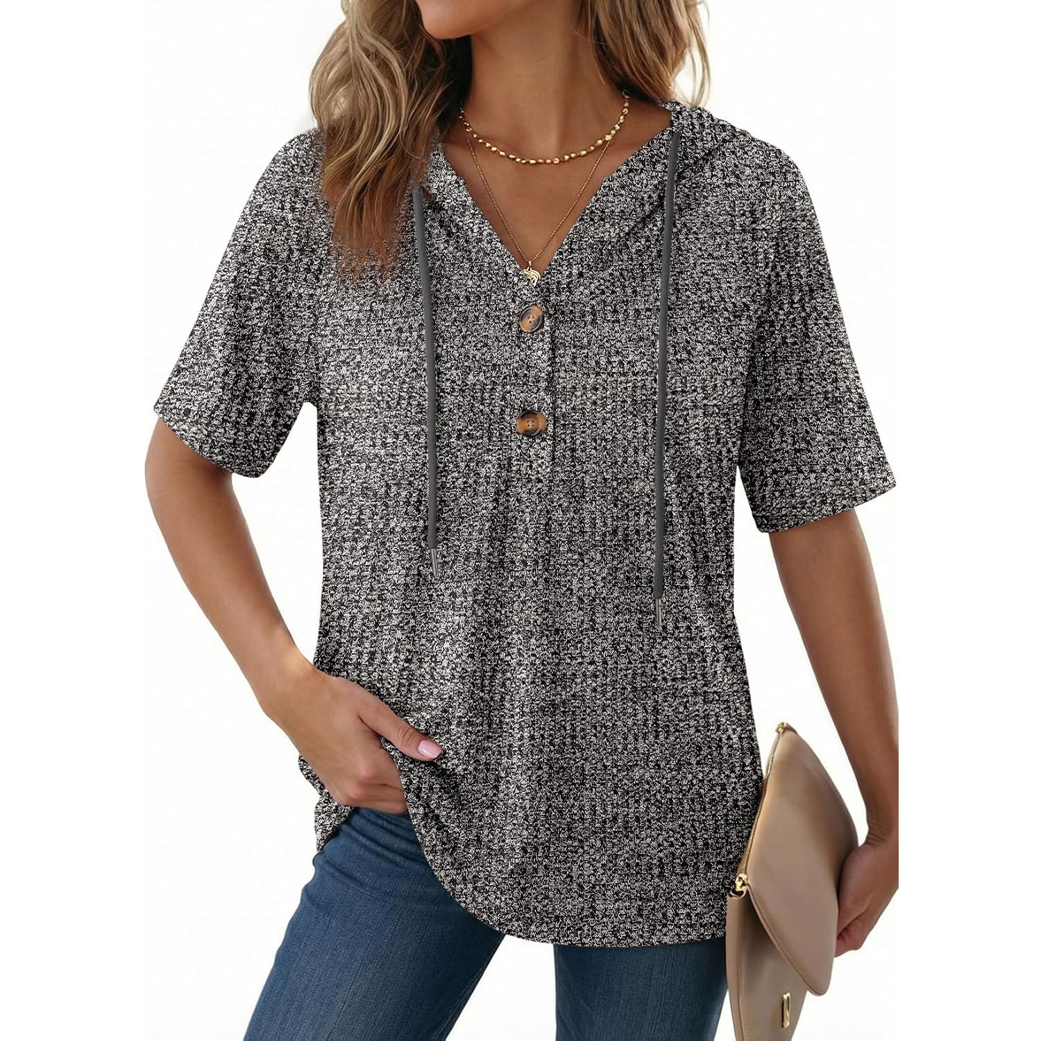 Dokotoo Womens Summer Tops 2026 Short Sleeve Button V Neck Waffle Knit Lightweight Drawstring Hoodies Casual Blouses Shirts