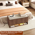 Homefort 39.4" Fluted Shoe Storage Bench, Entryway Bench With Linen Seat Cushion, Shoe Cabinet Bench With Adjustable Shelf And Built-In Led Sensor Light, Bench For Bedroom End Of Bed,Walnut