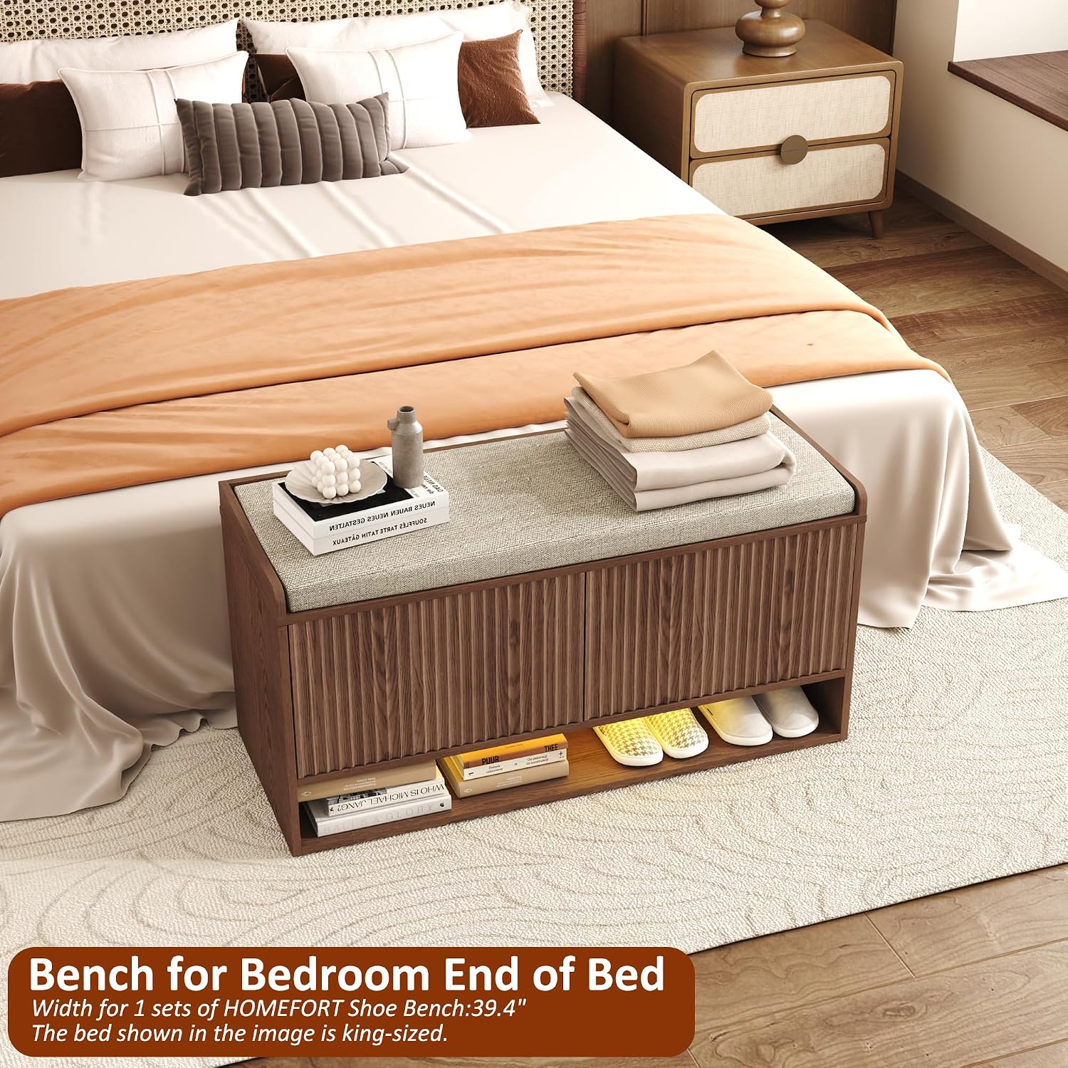 Homefort 39.4" Fluted Shoe Storage Bench, Entryway Bench With Linen Seat Cushion, Shoe Cabinet Bench With Adjustable Shelf And Built-In Led Sensor Light, Bench For Bedroom End Of Bed,Walnut