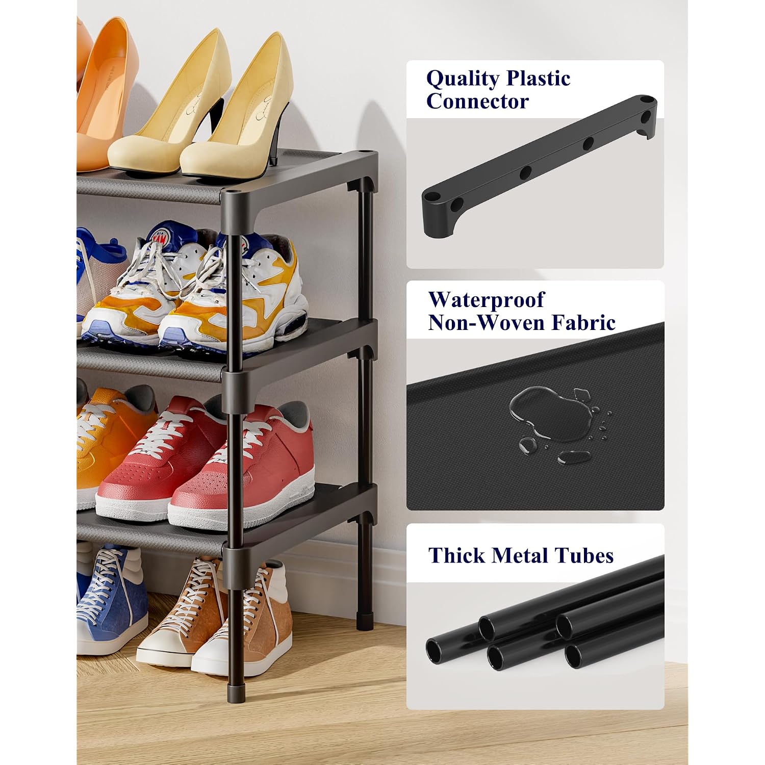 Kitsure Shoe Rack - Non-Woven Shoe Rack Shelf, Shoe Organizer For Closet, Entryway, Garage & Corridor, Stackable Shoe Shelves, 27.5" Wide - 3 Tier, Black