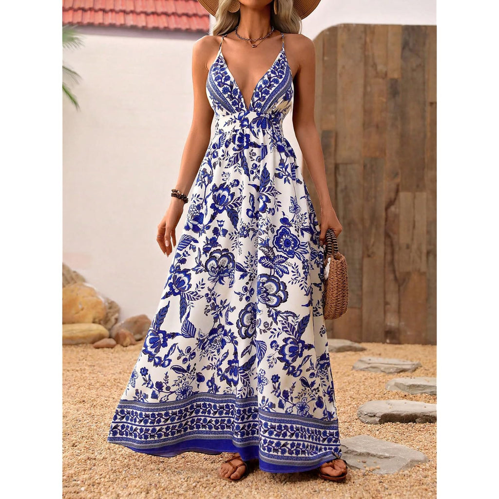 Makemechic Women'S Boho Maxi Dress Summer Luau Outfits Beach Wedding Guest Backless Sundress Flowy Resort Wear