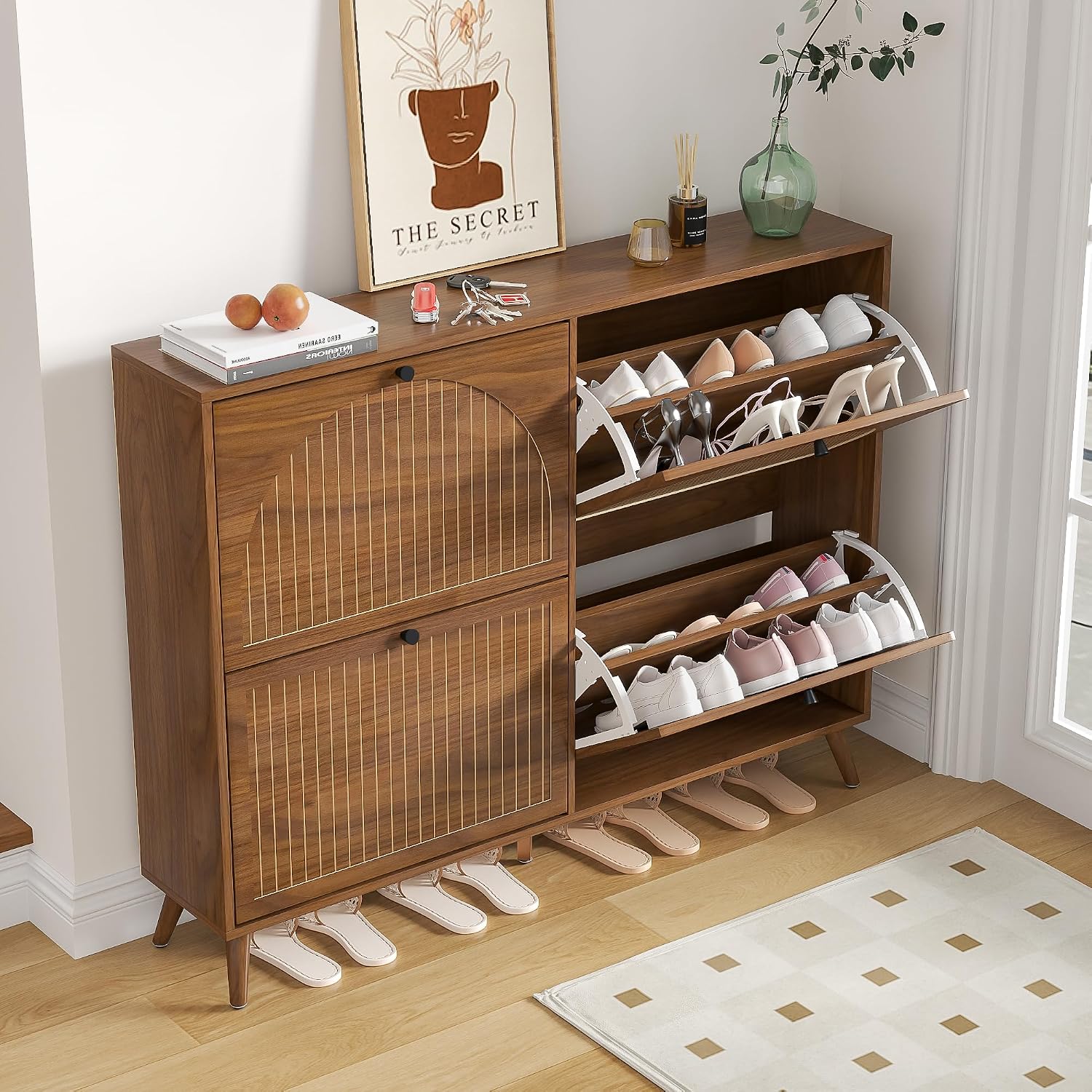 Fsbecl Shoe Storage Cabinet For Entryway With 4 Flip Drawers, Narrow Shoe Organizer With Fluted Panel, Freestanding Wood Hidden Shoe Cabinet