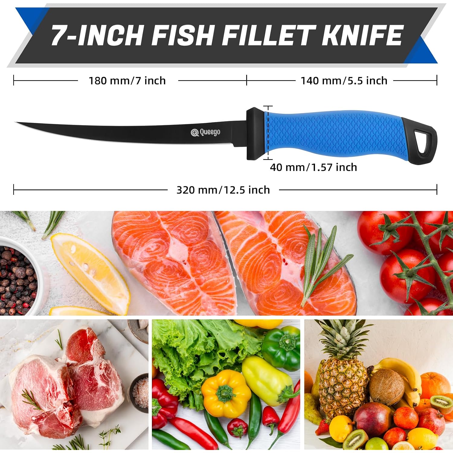 Fillet Knife, 7 Inches Professional Filet Knife For Fish, German G4116 Stainless Steel Blade Fishing Knifes With Two Stage Knife Sharpener,Non-Slip Handles, Protective Nylon Sheath
