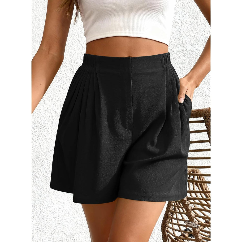 Womens Shorts Casual 2026 Spring Summer Elastic High Waisted Pleated Cotton Shorts Beach Vacation Outfits Pockets