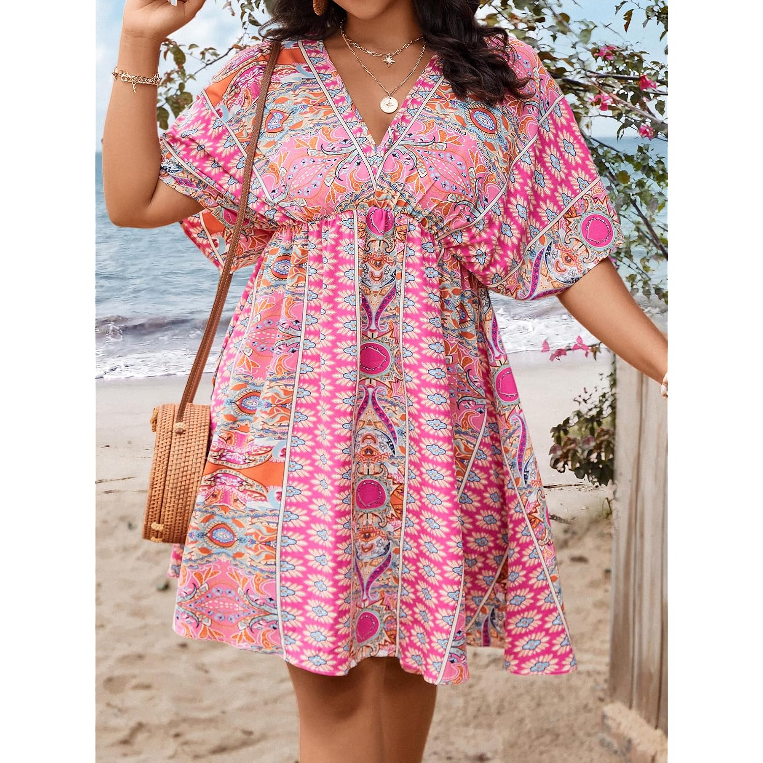Floerns Women'S Plus Size Summer Vacation Wrap V Neck Short Sleeve Ruffle Hem A Line Hawaiian Short Dress