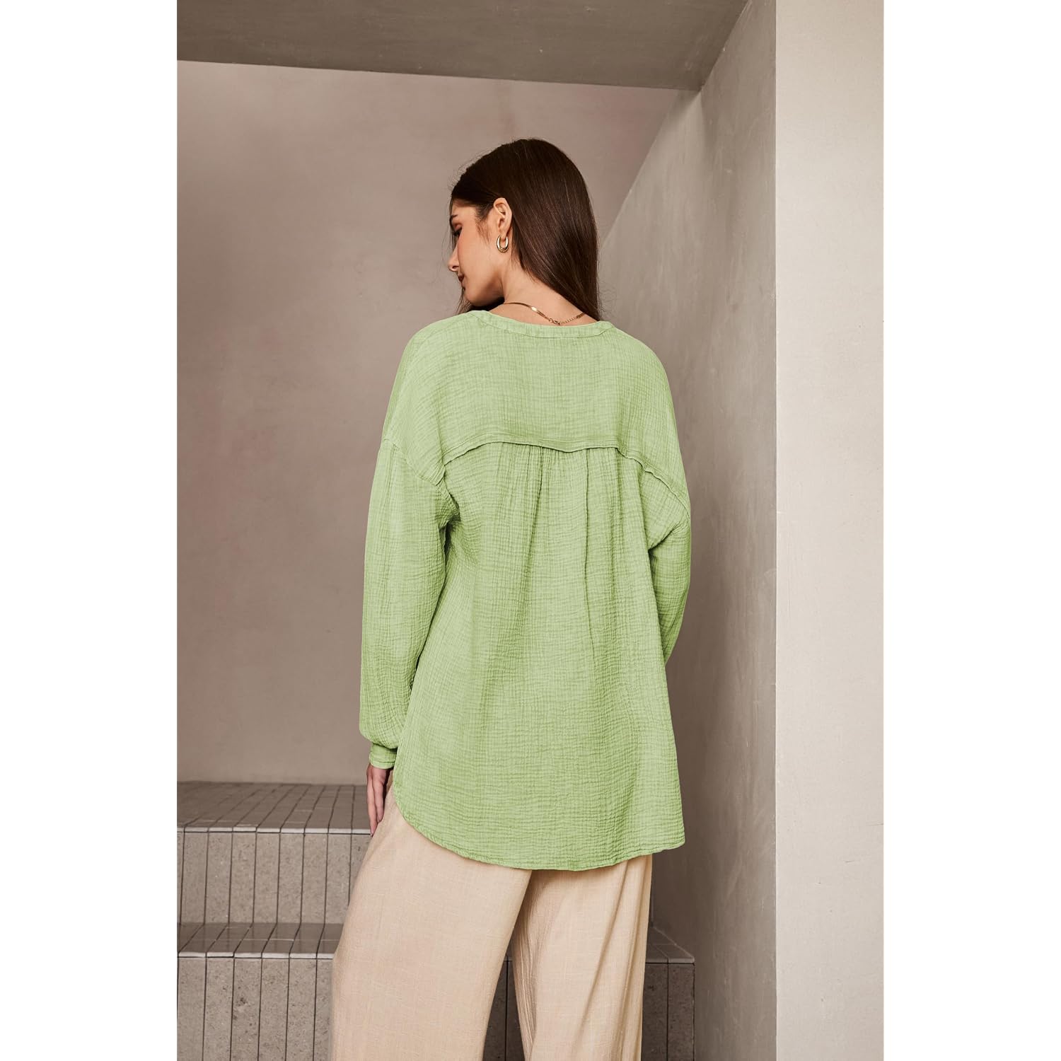 Dokotoo Womens Casual Button V Neck Long Sleeve Shirts Oversized Solid Blouses Tops