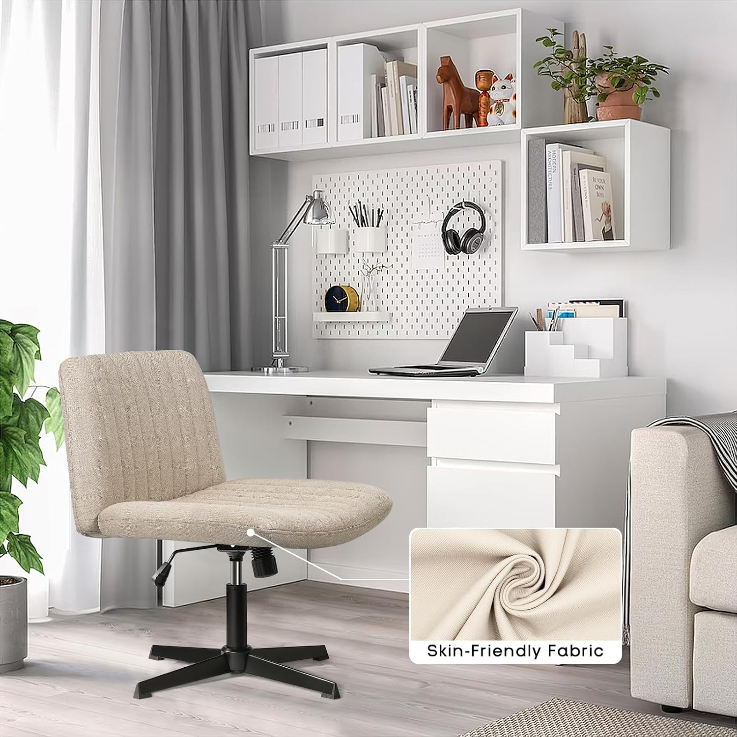 Criss Cross Chair,Comfy Cross Legged Office Desk Chair No Wheels,Modern Fabric Swivel Adjustable Height Mid Back Wide Seat For Home Office Computer (Beige)