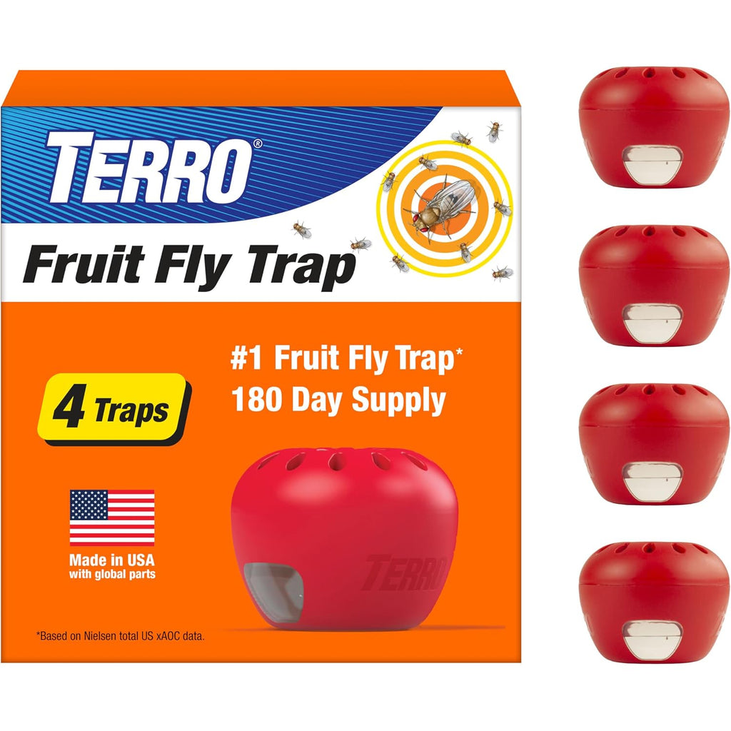 Terro Fruit Fly Trap 4-Pack, 180 Day Lure Supply, Food-Based Lure | Apple-Shaped Design For Kitchen Counters, Fruit Bowls, Trash Cans, Food-Based Lure, Indoor Pest Control, Fruit Fly Killer