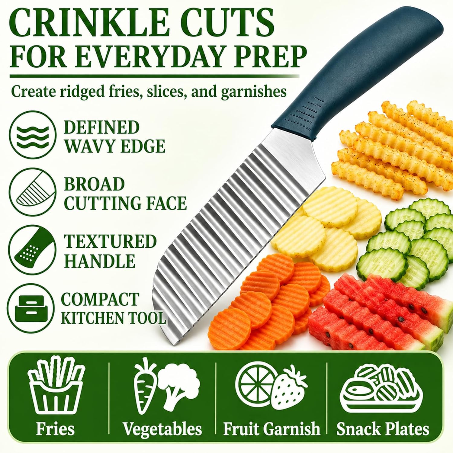 Crinkle Cut Knife, Stainless Steel Wave Cutter | Ergonomic Handle, For Veggies, Potato, French Fry, For Cucumber, Carrot, Fruit, Wave Chopper