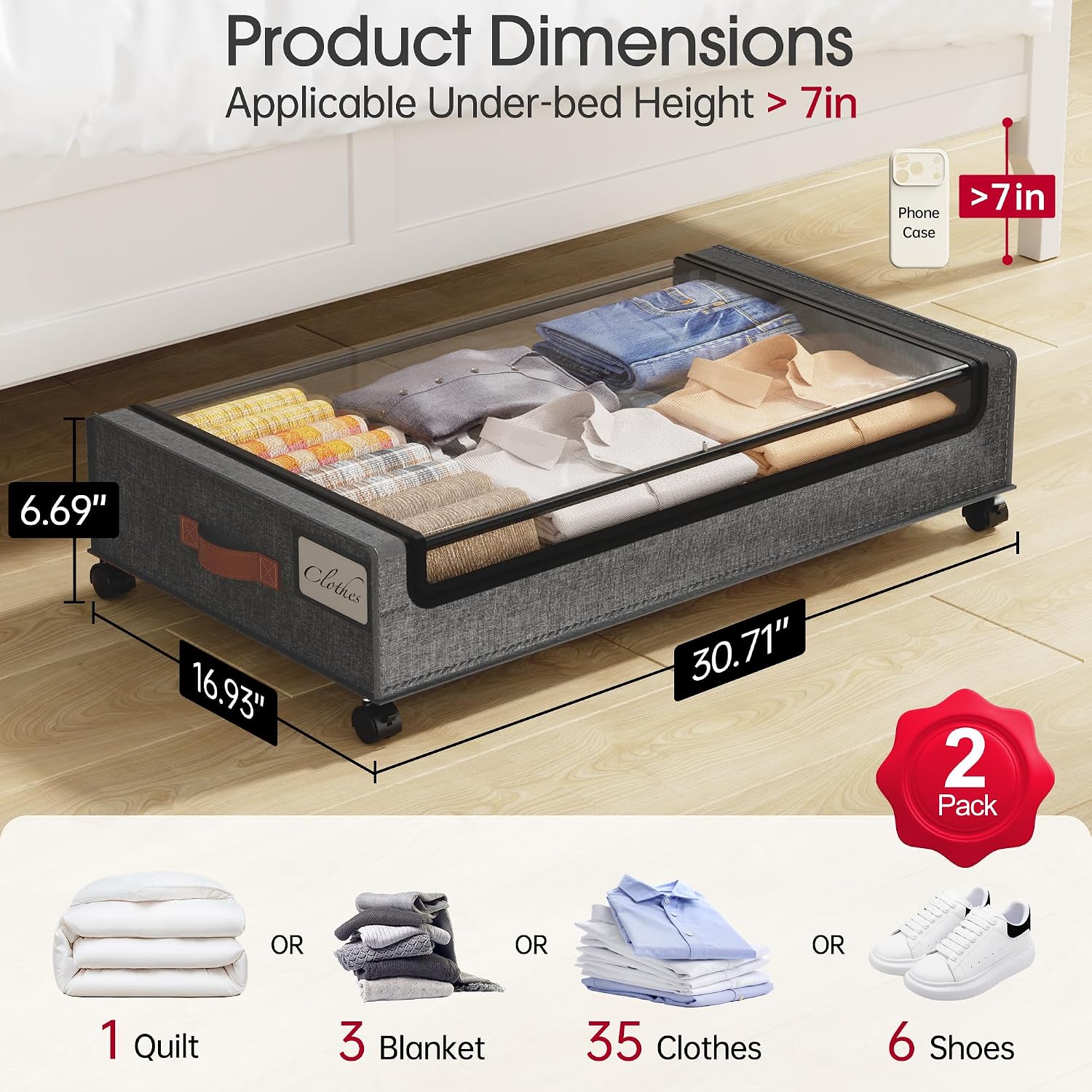 Yecaye Under Bed Storage With Wheels, 2Pack Under Bed Storage Containers, Underbed Shoe Storage Organizer, Rolling Under Bed Metal Drawers For Clothes, Blankets(30.71 X 16.93 X 6.69 In)