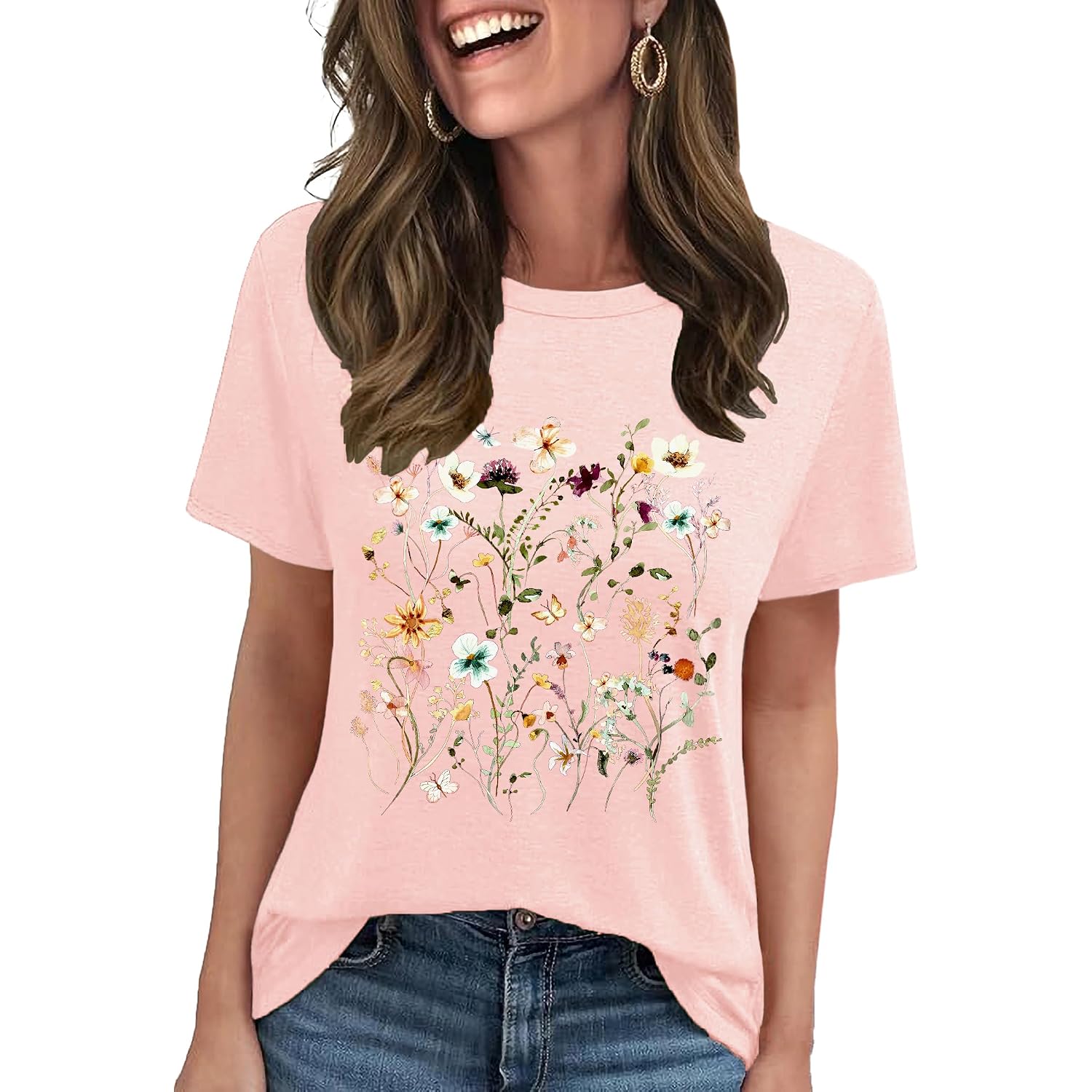 Graphic Tees for Women Short Sleeve Loose Fit Casual T Shirts Cute Boho Vintage Dressy Trendy Summer Tops Light Pink