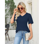 Women'S V Neck Casual Tops Lace Short Sleeve Summer Tunic Shirts For Women Loose Fit Breathable Cotton Blouses