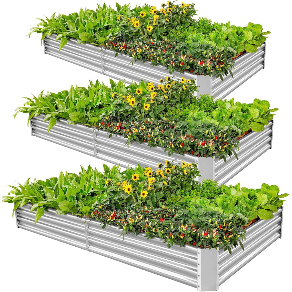 Land Guard 3 Pack 8×4×1Ft Galvanized Metal Raised Garden Bed, Metal Planter Kit Box Outdoor For Deep-Rooted Vegetables, Flowers, Green And Herbs, Silver